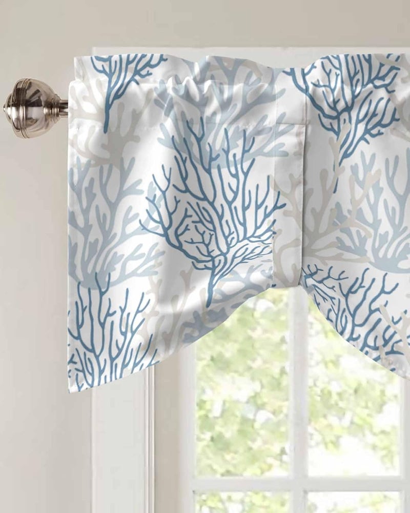 RisQiten Blue Grey Coral Coastal Tie Up Valance Curtains for Windows, Summer Beach Kitchen Curtains Window Treatments, Seaside Nautical Short Window Shades Valances for Bedroom Bathroom Cafe 54"x18" - Image 3